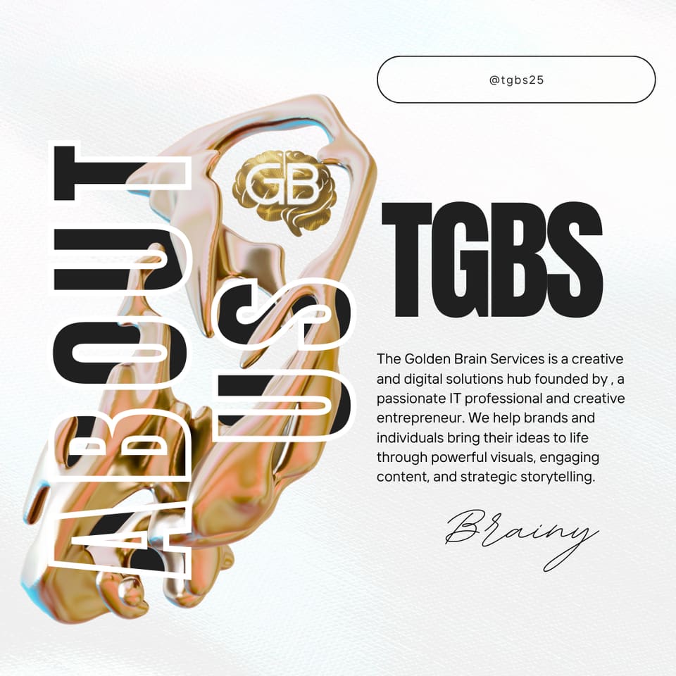 TGBS brand artwork — the gold brain mark with the About TGBS statement