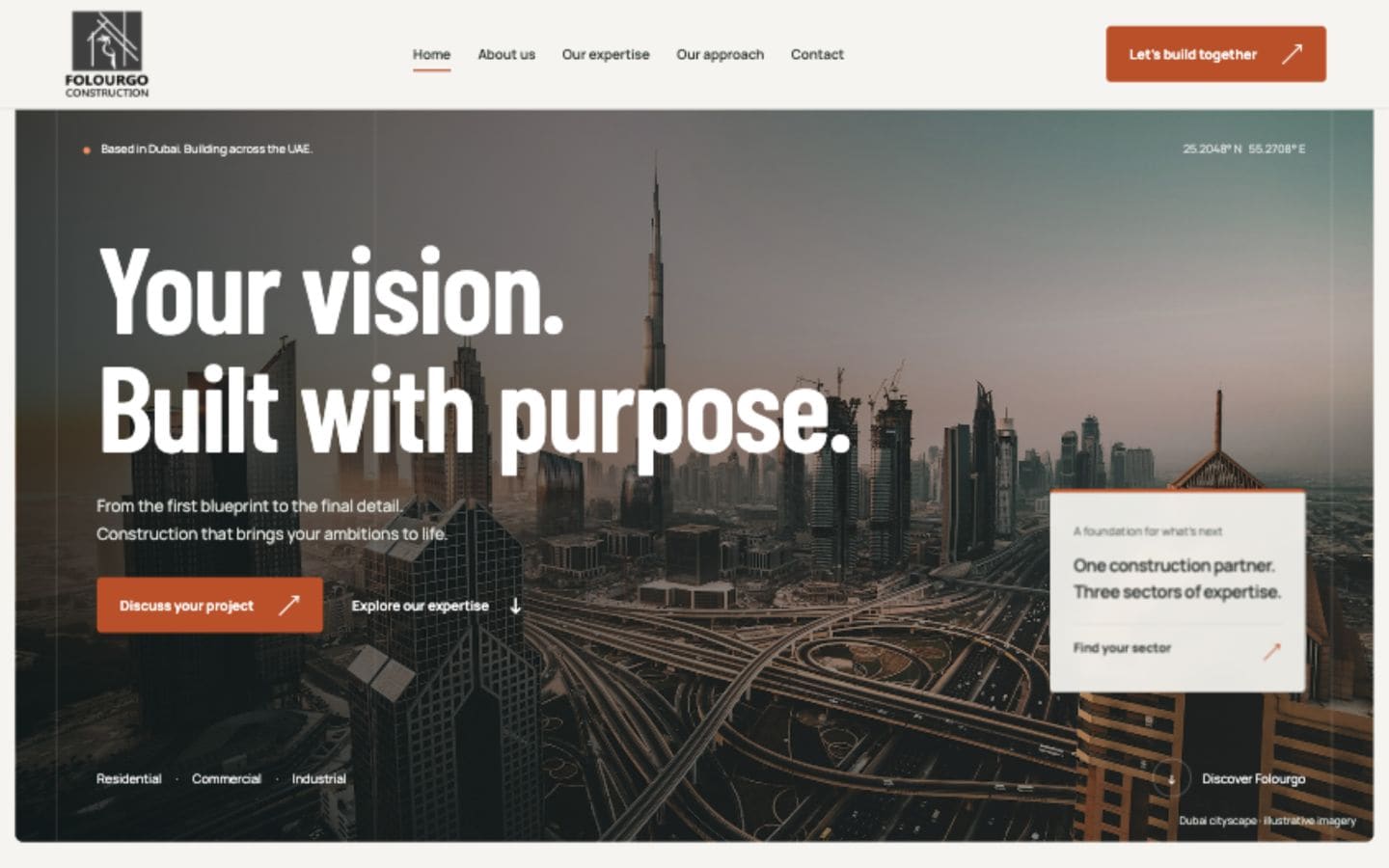 Folourgo Construction LLC — A construction company website with sector-led service discovery and a guided project enquiry.