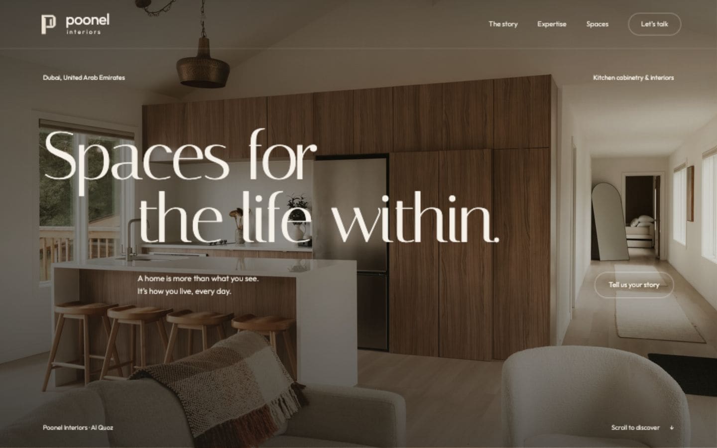 Poonel Interiors — An editorial interiors website, pairing warm architectural imagery with kitchen cabinetry, design inspiration and a clear enquiry path.